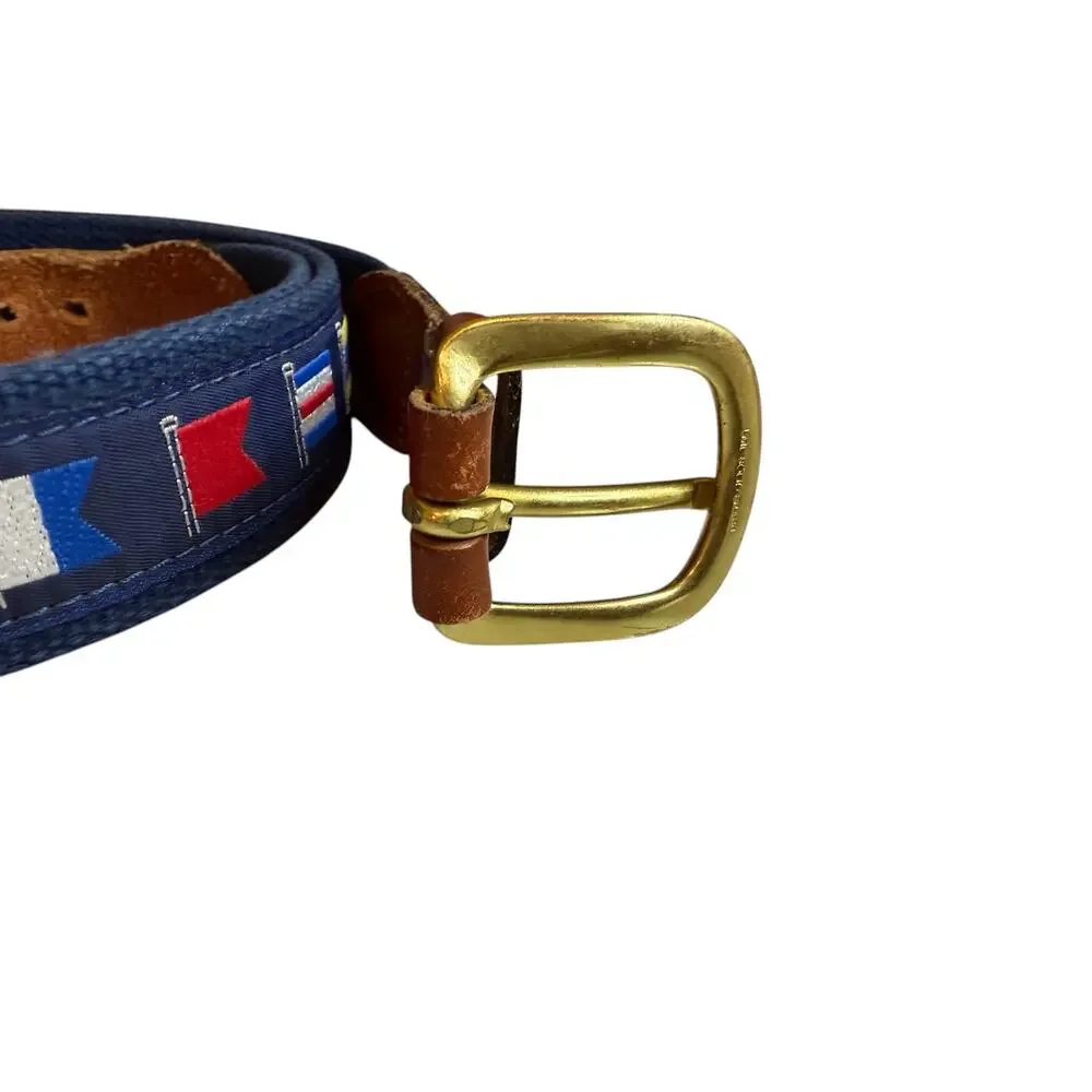 Vintage Canvas Sailing Flag Belt Navy Blue Leather Trim 44